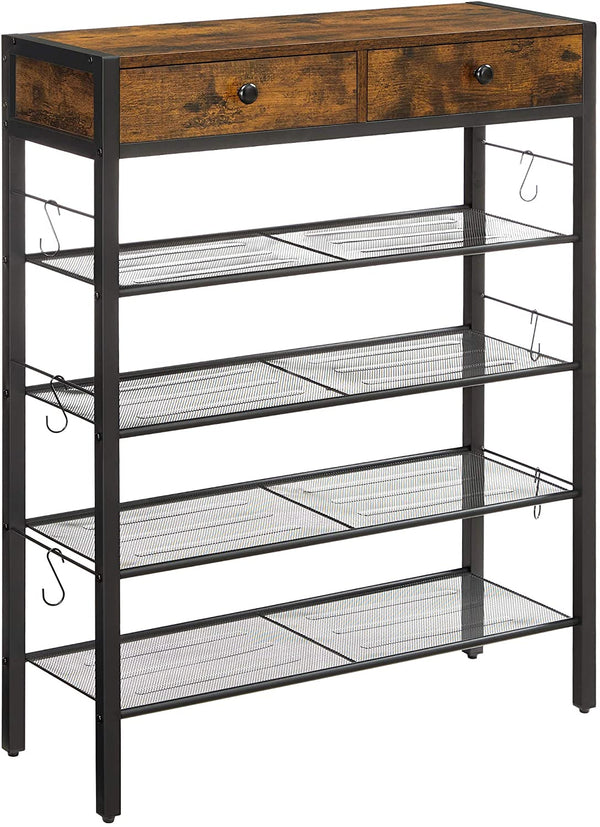 schoenenrek, schoenenopberger met 2 lades en 4 vakken, voor 14 paar schoenen, bij de ingang, woonkamer, slaapkamer, vintage bruinzwart