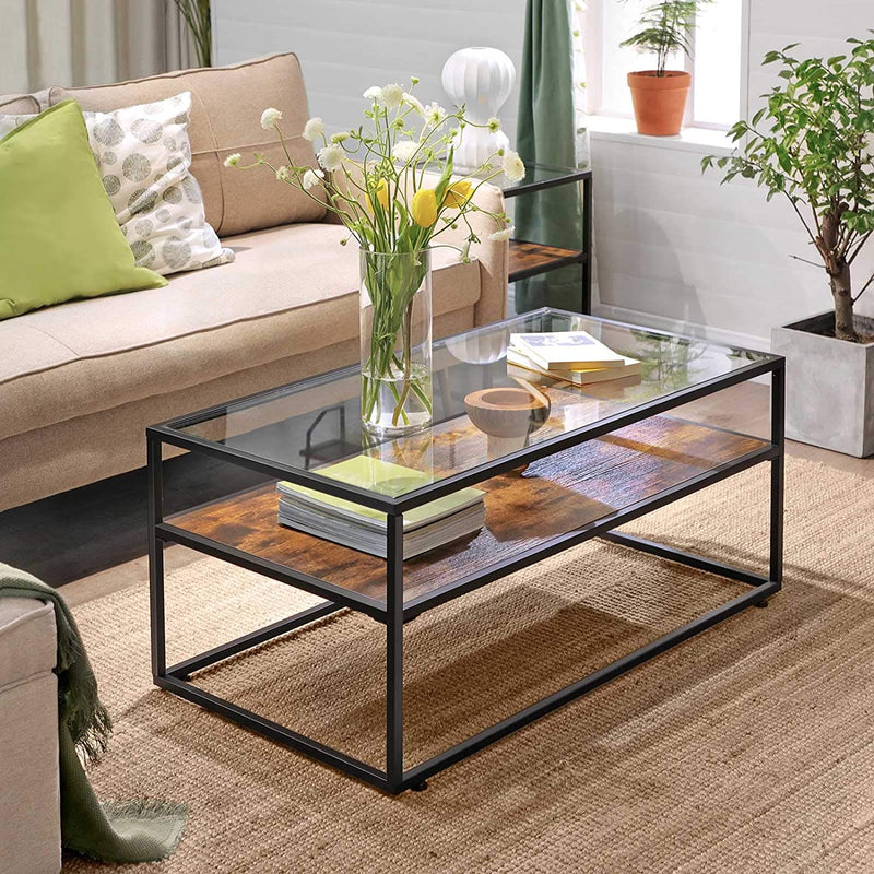 salontafel, salontafel met glazen oppervlak, glazen tafel, , vintage bruin-zwart LCT30BX