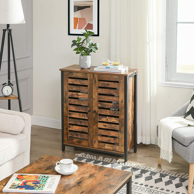Bijzetkast, dressoir, decoratieve kast met lamellendeuren, multifunctioneel, woonkamer, slaapkamer, hal, industrieel design, vintage, donkerbruin LSC78BX