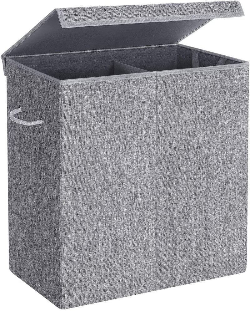 wasmand, imitatielinnen wasmand, wassorteermachine, waskist met aparte compartimenten, magnetisch deksel en handvatten, opvouwbaar, waszak afneembaar, grijs LCB02G