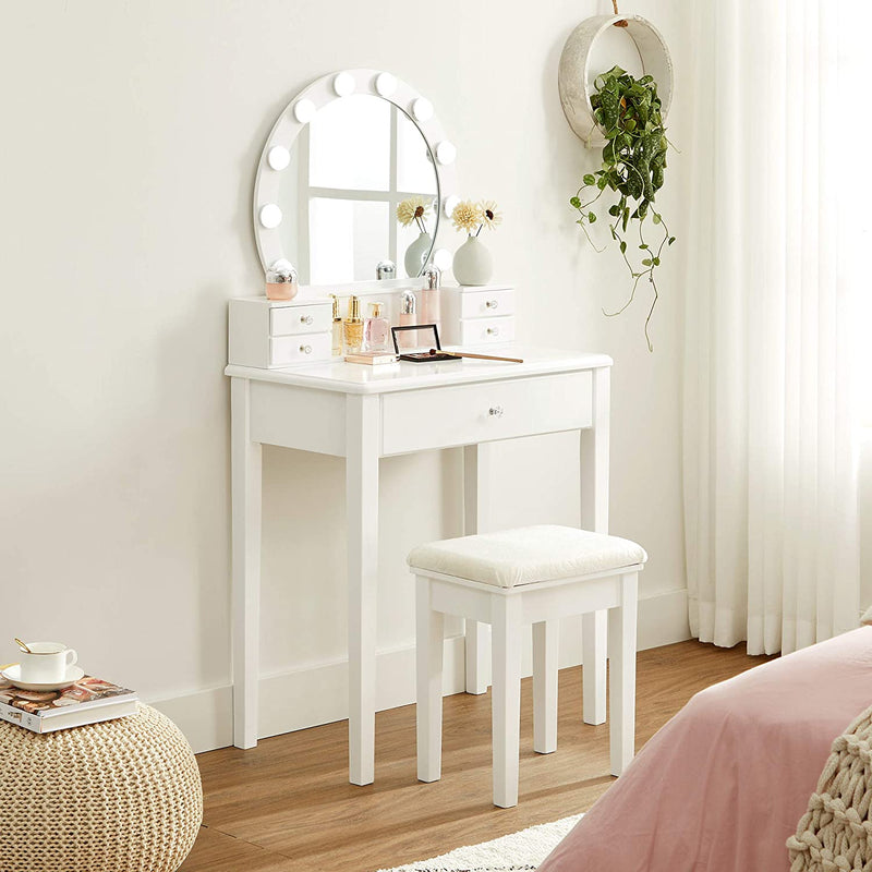 kaptafel met spiegel, make up tafel met 10 dimbare lampen,kruk, 5 laden, 70 x 40 x 134 cm, wit RDT151W01
