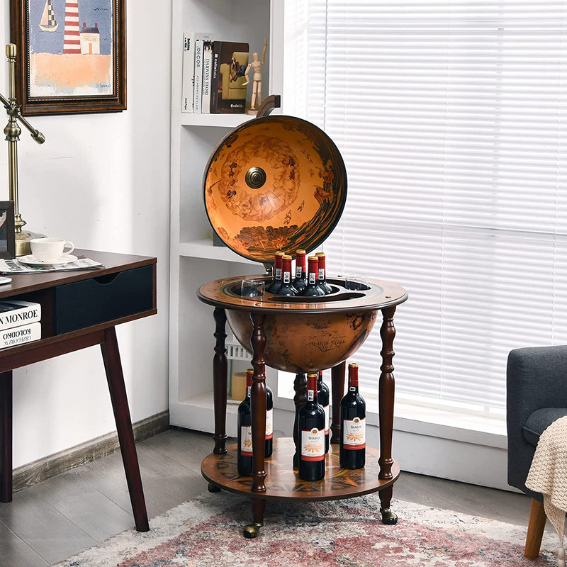 Wereldbol barwagen, wijnbar standaard, 16e eeuws italiaans wijnkast met wielen, rustiek houten wijnplank, verplaatsbaar wereldbol globebar wijnrek voor eetkamer & woonkamer, retro bruin