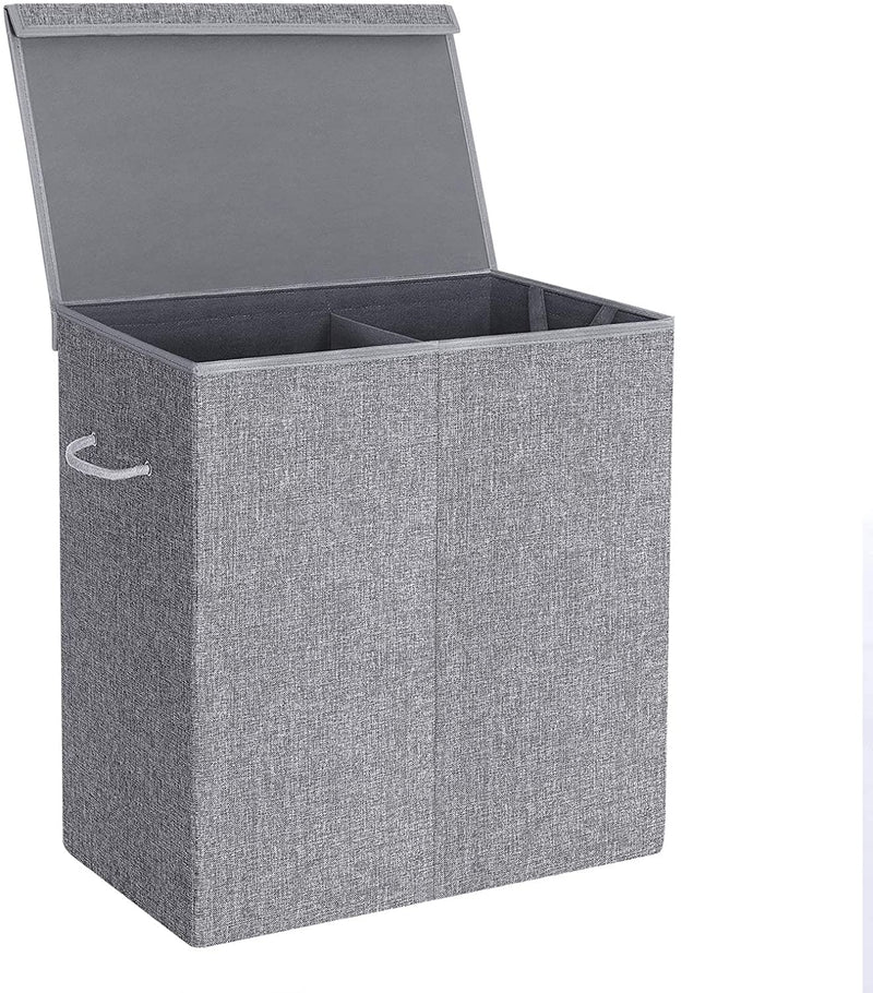 wasmand, imitatielinnen wasmand, wassorteermachine, waskist met aparte compartimenten, magnetisch deksel en handvatten, opvouwbaar, waszak afneembaar, grijs LCB02G