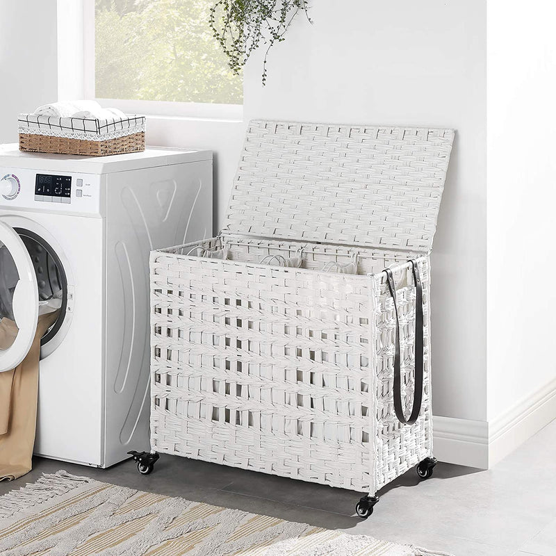 handgeweven wasmand met deksel, wasmand in rotanstijl met 3 aparte compartimenten, handgrepen, verwijderbare voeringzakken, voor woonkamer, badkamer, wasruimte, wit LCB083W01
