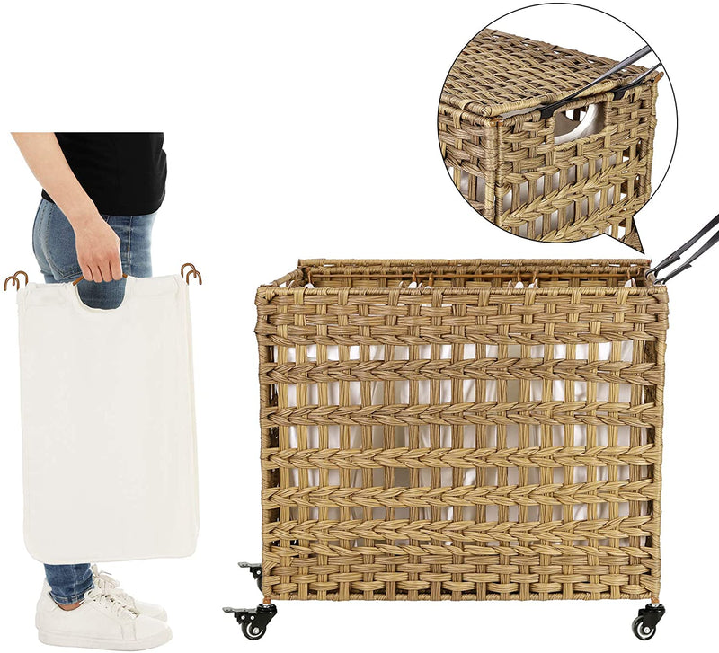 handgeweven wasmand met deksel, wasmand in rotanstijl met 3 aparte compartimenten, handgrepen,  naturel LCB083N01