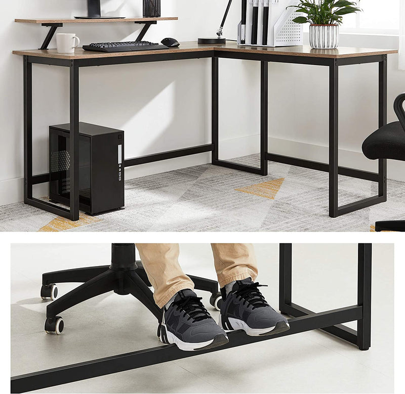 Bureau, L-vormig computerbureau met beweegbare monitorbevestiging, hoekbureau,  greige-zwart LWD056B02