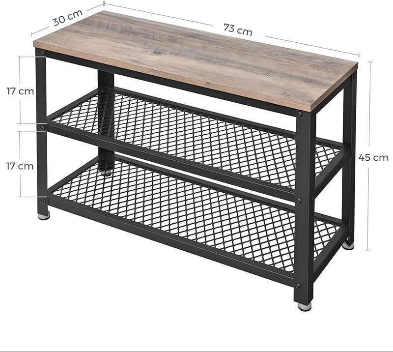 Schoenenbank, schoenenrek met 2 planken, opslag voor schoenen, 73 x 30 x 45 cm, voor entree, hal, woonkamer, metalen frame, industrieel design, grijpzwart LBS73MB