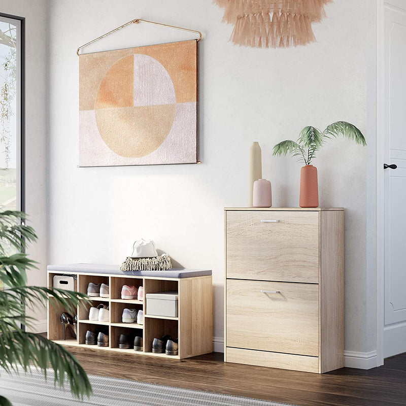 Schoenenkast met 2 kleppen, schoenenkipper, scheidingswanden verstelbaar en afneembaar, voor 12 paar damesschoenen of 8 paar herenschoenen, kleine hal, 60 x 24 x 83,5 cm, eiken