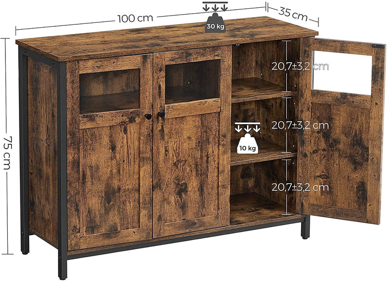 Sideboard, keukenkast, opbergkast, met glazen deuren, voor woonkamer, keuken, eetkamer, stalen frame, industriële stijl, vintage bruin-zwart LSC099B01
