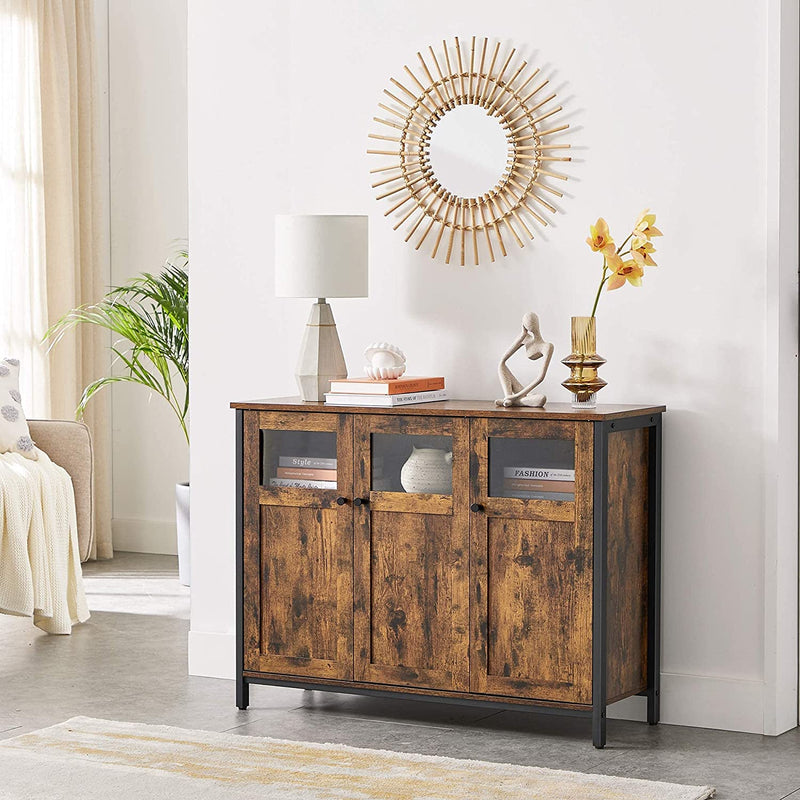 Sideboard, keukenkast, opbergkast, met glazen deuren, voor woonkamer, keuken, eetkamer, stalen frame, industriële stijl, vintage bruin-zwart LSC099B01