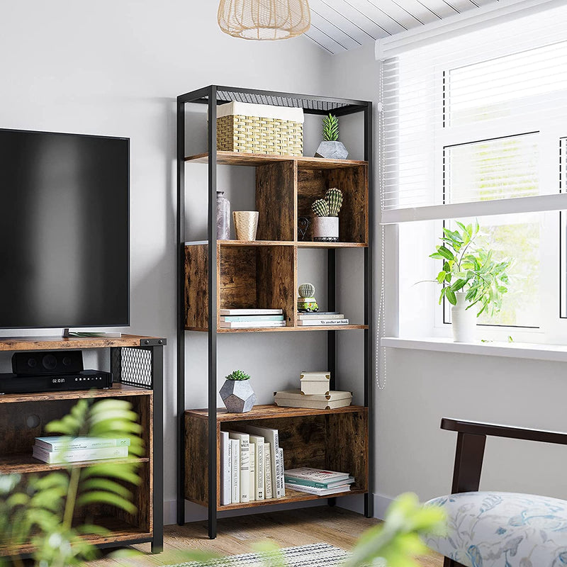 Boekenplank, staande plank, opslagplank met 5 niveaus, stalen frame, industrieel ontwerp, vintage bruin-zwart