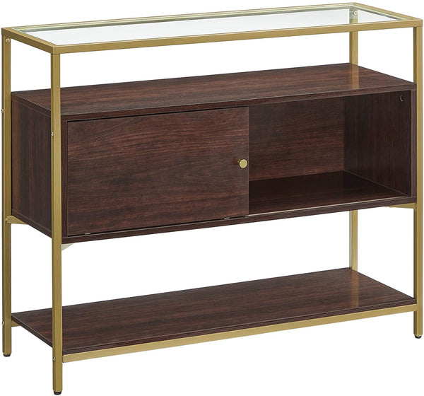 Sideboard, keukenkast, opbergkast met schuifdeur, gehard glas, bijzettafel, open vak, industrieel design, voor ESS- en woonkamer, chocoladebruin-matgoud LSC016B24
