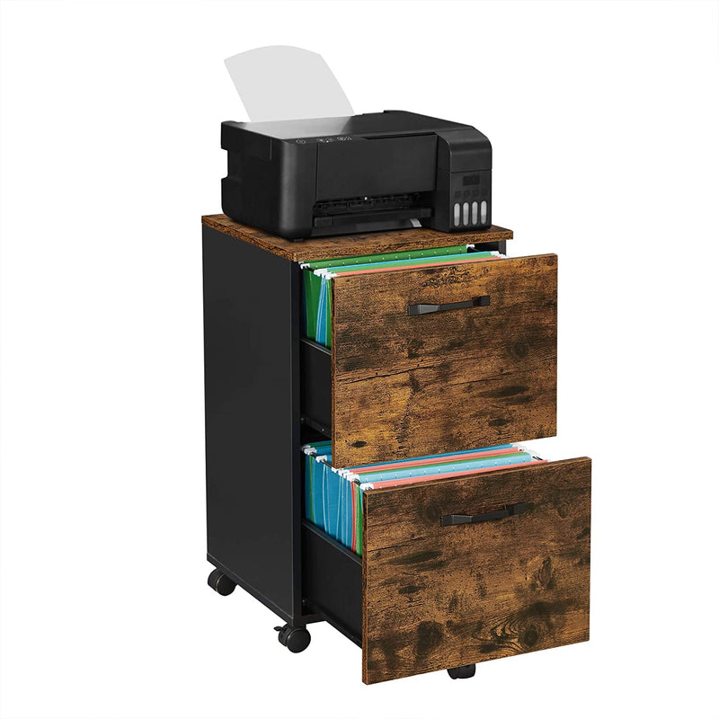 Rolcontainer, archiefkast met 2 laden, kantoorkast, voor documenten in DIN A4 en briefformaat, met hangmap,  bruin-zwart OFC040B01