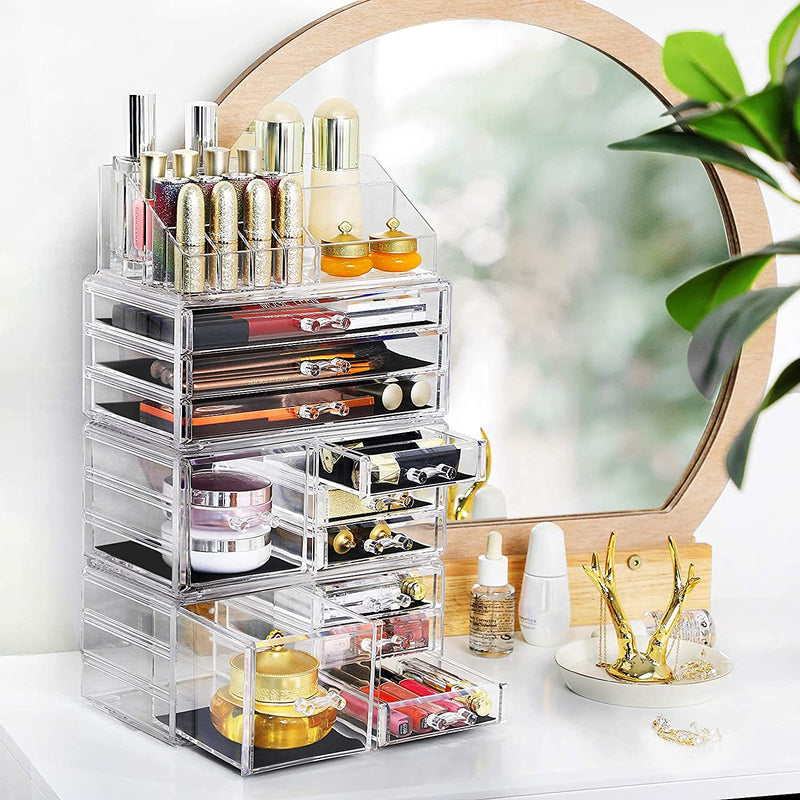 4 in 1 XXL Make-up Organizer, cosmetica organizer met 11 lades en 15 vakken in verschillende maten, anti-slip inzetstukken, voor make-up en sieraden, transparant JKA017TP