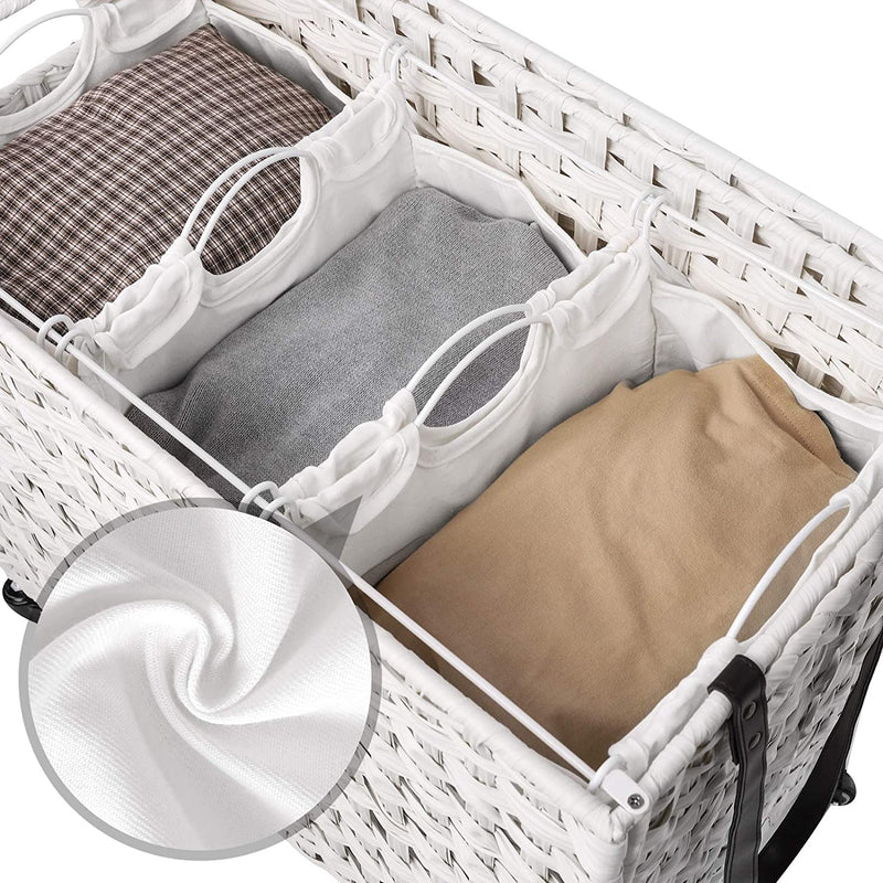 handgeweven wasmand met deksel, wasmand in rotanstijl met 3 aparte compartimenten, handgrepen, verwijderbare voeringzakken, voor woonkamer, badkamer, wasruimte, wit LCB083W01