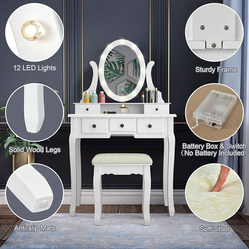 Kaptafel met verlichte spiegel, make-uptafel kaptafel, 360° draaiende ovale spiegel met 12 LED-lampjes, afneembare bovenkant, 5 opberglades, voor meisjes slaapkamer (Wit)