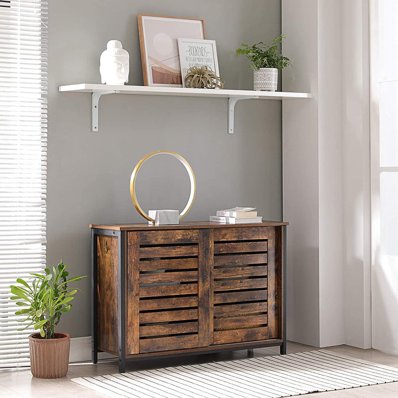 Sideboard, commode kast, keukenkast met schuifdeuren, woonkamer, hal, keuken, thuiskantoor, stalen frame, industriële stijl, vintage bruin-zwart LSC081B01