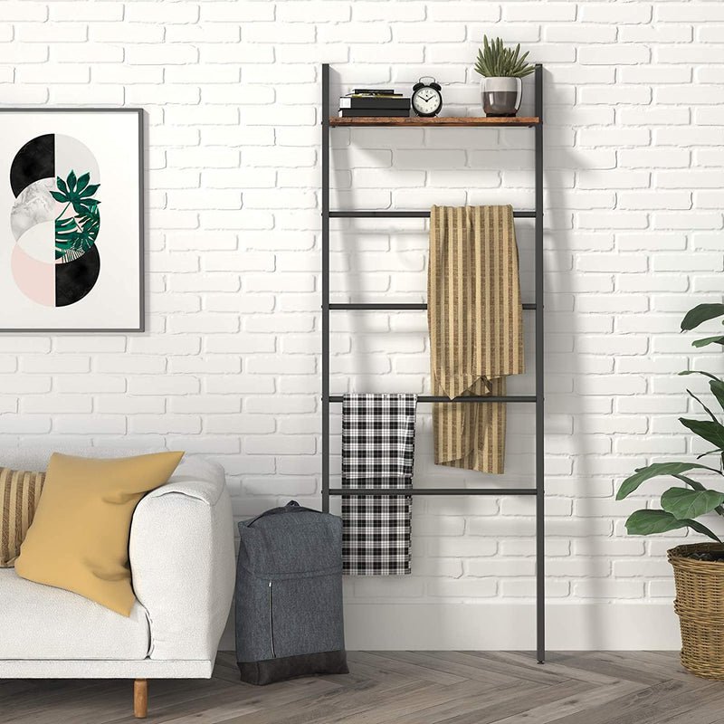 Ladder Handdoekenrek, Leaning Ladder Plank, 4 Hangende Rails en Bovenplank, Badkamer Handdoekstandaard, Handdoekhouder Industriële Stijl, Eenvoudig te monteren, Rustiek Bruin EBF73CJ01