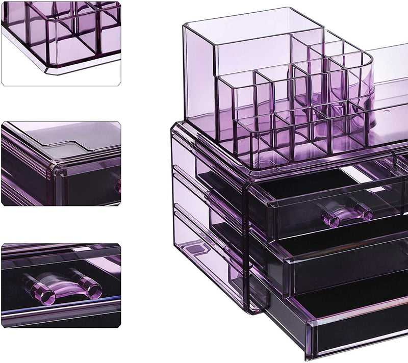 Make-up Organizer, cosmetica organizer met 4 lades en 11 vakken in verschillende maten, anti-slip inzetstukken, voor make-up en sieraden, lavendel JKA001PL