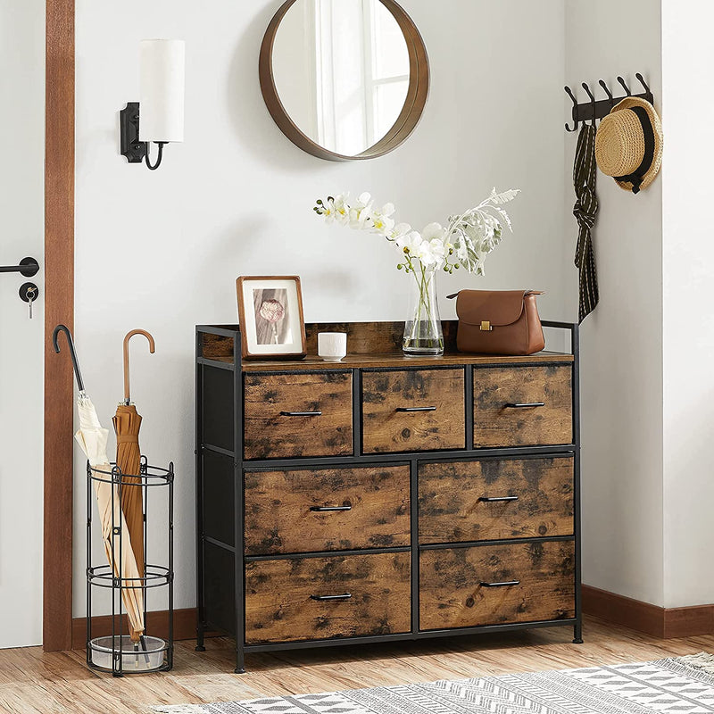 Commode, kast, 7 stoffen laden met handgrepen, metalen frame, industrieel design, vintage bruin-zwart LTS137B01