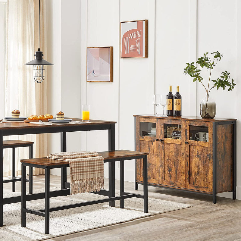 Sideboard, keukenkast, opbergkast, met glazen deuren, voor woonkamer, keuken, eetkamer, stalen frame, industriële stijl, vintage bruin-zwart LSC099B01