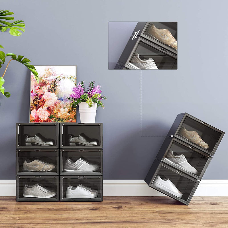 schoendozen, set van 6, stapelbare schoen organizers, plastic dozen met transparante deur, schoenopslag, voor schoenen tot maat 46, 36 x 28 x 22 cm, zwart LSP06CB