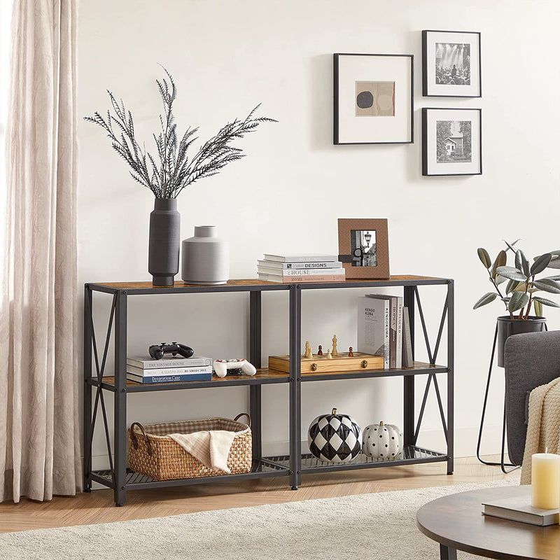 Consoletafel, smalle gangtafel met 3 niveaus, open planken, sofastafel, 140 x 30 x 75 cm, metalen frame, bijzettafel, industrieel design, woonkamer, hal, vintage bruin-zwart LNT071B01