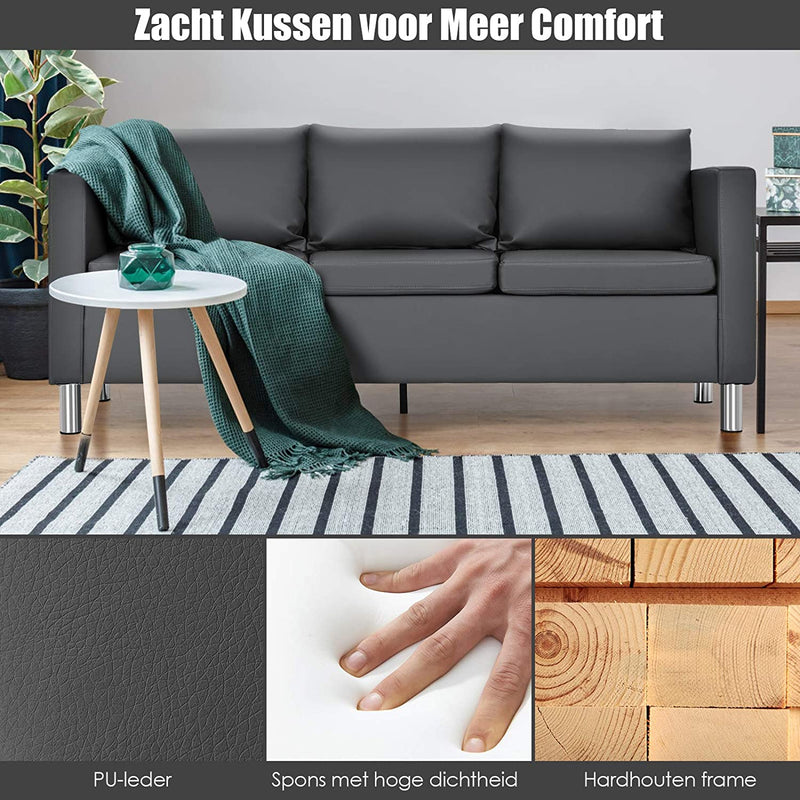 3 Zitsbank, moderne bank met zachte beklede stoelen en zilveren metalen poten, slaapbank perfect voor thuis en op kantoor