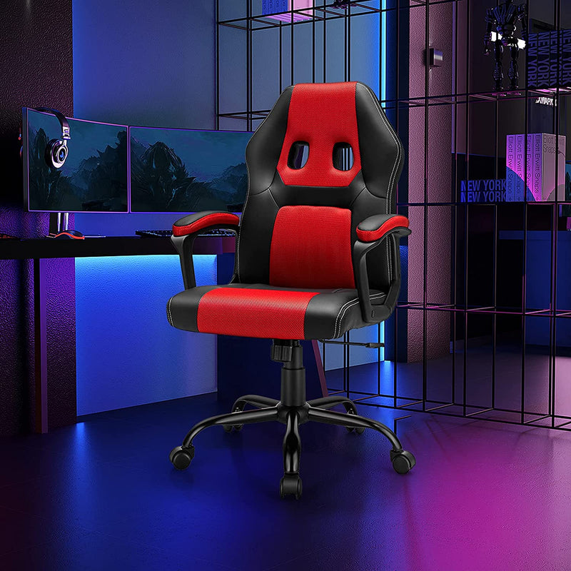 PC gamingstoel, ergonomische computer stoel met rugleuning,  bureaustoel met in hoogte verstelbare zitting, (Rood)