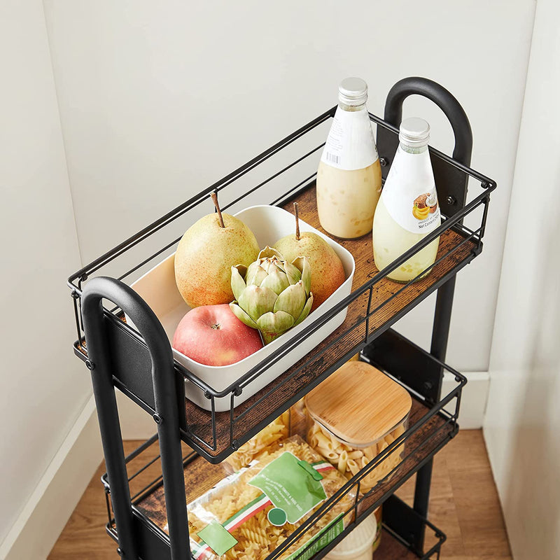 Serveerwagen, keukenwagen, keukenrek op wielen, trolley met 3 niveaus, wielen 360° draaibaar, voor keuken, eetkamer, woonkamer, werkkamer, vintage bruin-zwart LRC031B01