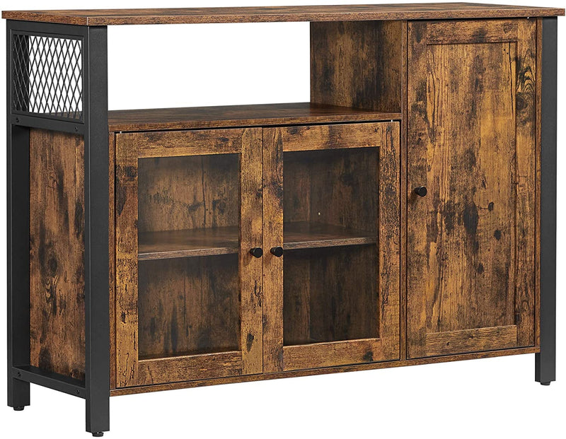 Sideboard, keukenkast, opbergkast, met 3 deuren, voor woonkamer, keuken, eetkamer, 110 x 33 x 75 cm, industriële stijl, vintage-bruin-zwart LSC096B01