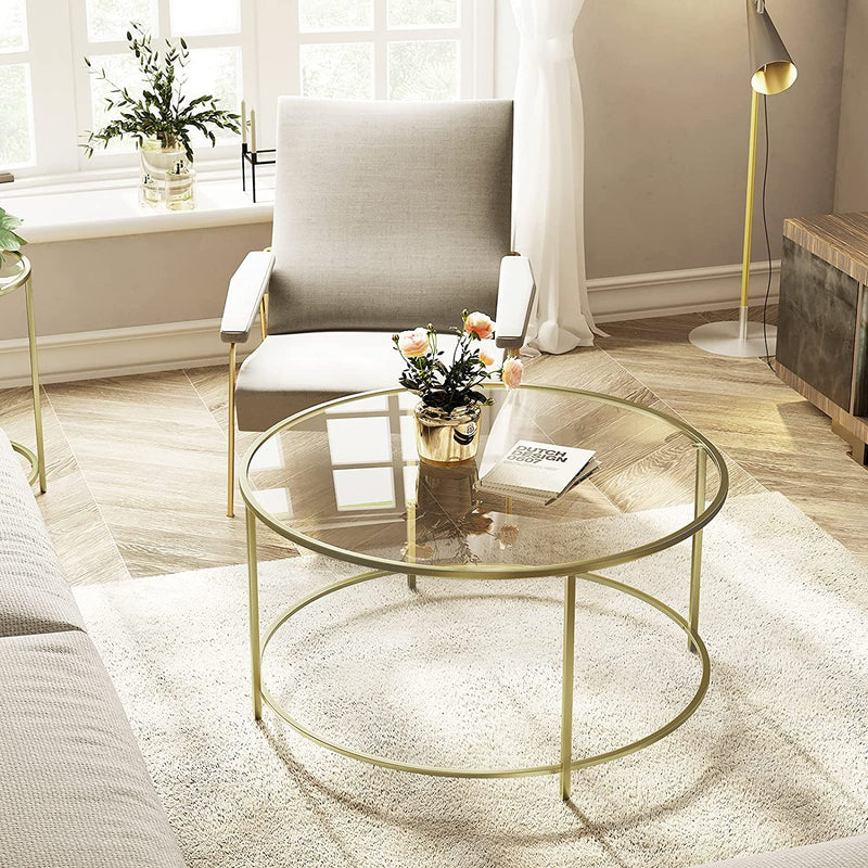 Bijzettafel rond, salontafel, glazen tafel met metalen frame, gehard glas, nachtkastje, sofatafel, voor balkon, goud LGT21G