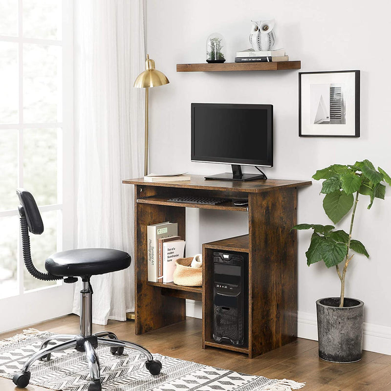 Computer bureau, Bureau met toetsenbord plank en open vakken, plank voor PC 80 x 45 x 74 cm, vintage bruin LCD852X01
