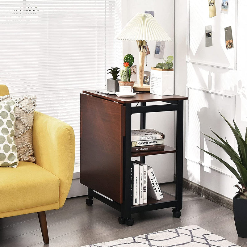Opvouwbare computer bureau, moderne schrijftafel met 2 laags opslagplanken, PC laptop computertafel werkstation met 6 wielen, ruimtebesparende compacte bureau voor thuiskantoor klein appartement