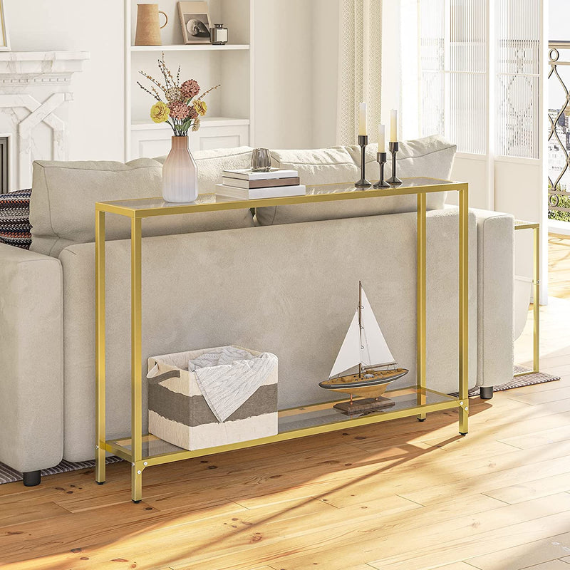 Consoletafel met planken, 120 cm bijzettafel, hardglas, ingangstafel, moderne banktafel, tentoonstellingstafel, metalen frame, voor woonkamer, hal, goudkleurig EGD05XG01