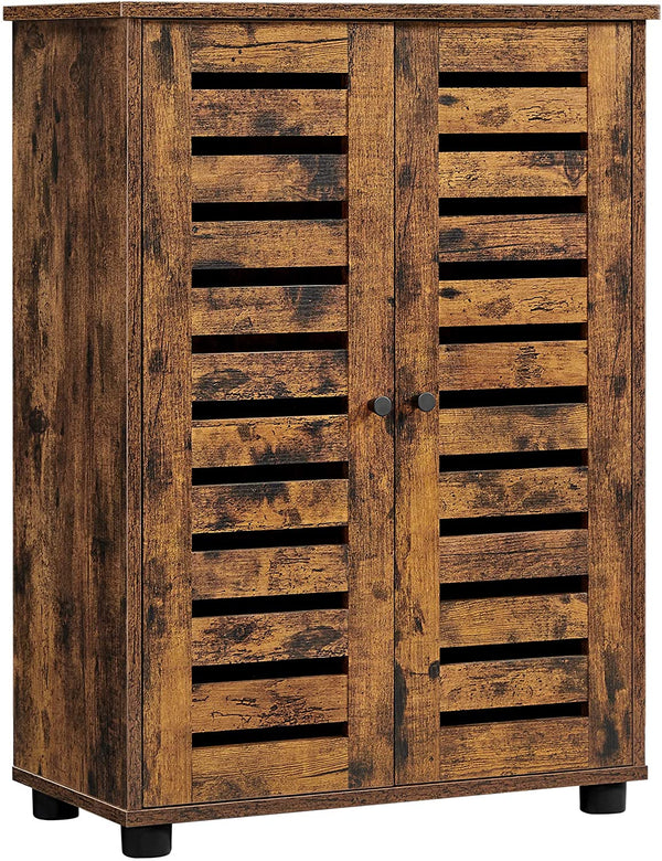 badkamerkast, opbergkast met lamellendeuren, 2 in hoogte verstelbare planken, voor badkamer, woonkamer, slaapkamer, hal, vintage bruin BBK142X01