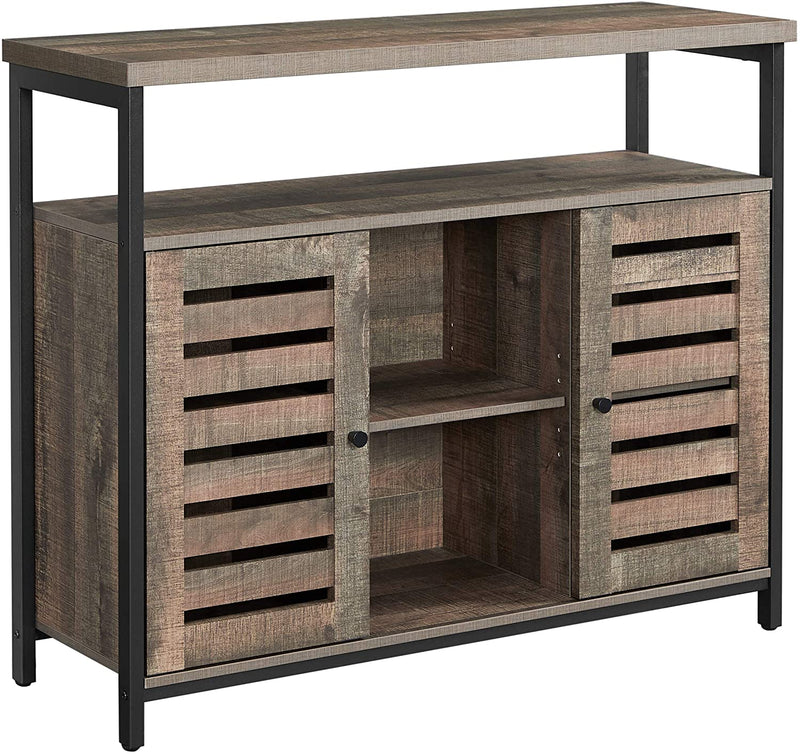 Sideboard, bijzetkast, keukenkast met open planken, gangkast, commode met lamellendeuren, woonkamer, eetkamer, kantoor, hal, industrieel design, lichtbruin-zwart LSC079B13