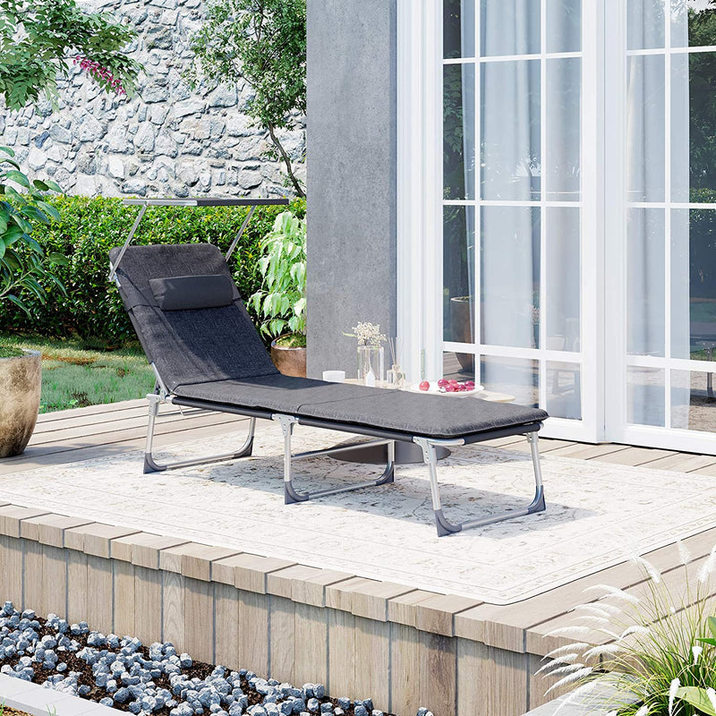 ligstoel, ligstoel met 3 cm dikke steun, hoofdsteun, luifel, verstelbare rugleuning, opklapbaar, 53 x 193 x 29,5 cm, tot 150 kg draagvermogen, tuin, balkon, donkergrijs GCB19UM