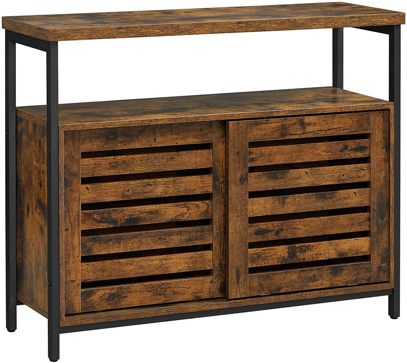 Sideboard, kast met 2 schuifdeuren, opbergkast, voor woonkamer, hal, keuken, eetkamer, stalen frame, industriële stijl, vintage bruin-zwart LSC091B01