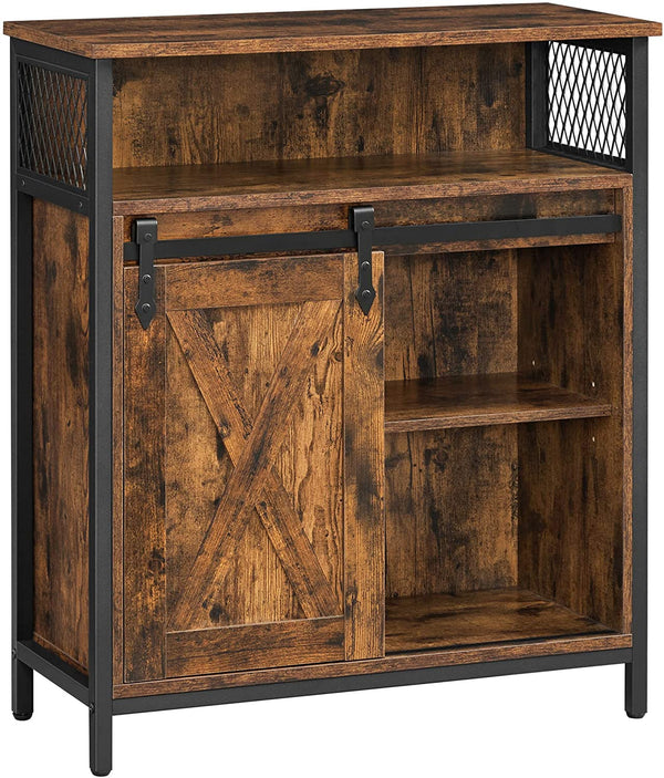Opbergkast, keukenkast met schuifdeur, open vak, verstelbare plank, industrieel, voor hal, woonkamer, keuken, studeerkamer, vintage bruin-zwart LSC089B01