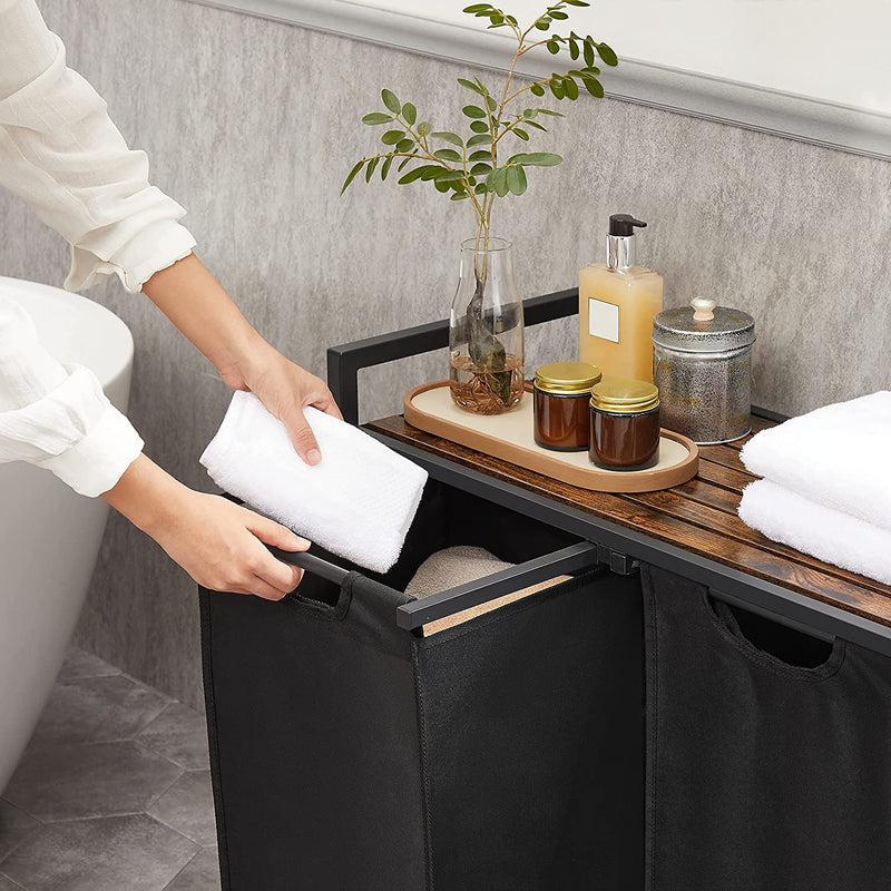 wasmand, wassorteerder met plank en uittrekbare zakken, wasorganizer, metalen frame, 2 Oxford-stoffen afneembare zakken, rustieke bruin en zwart