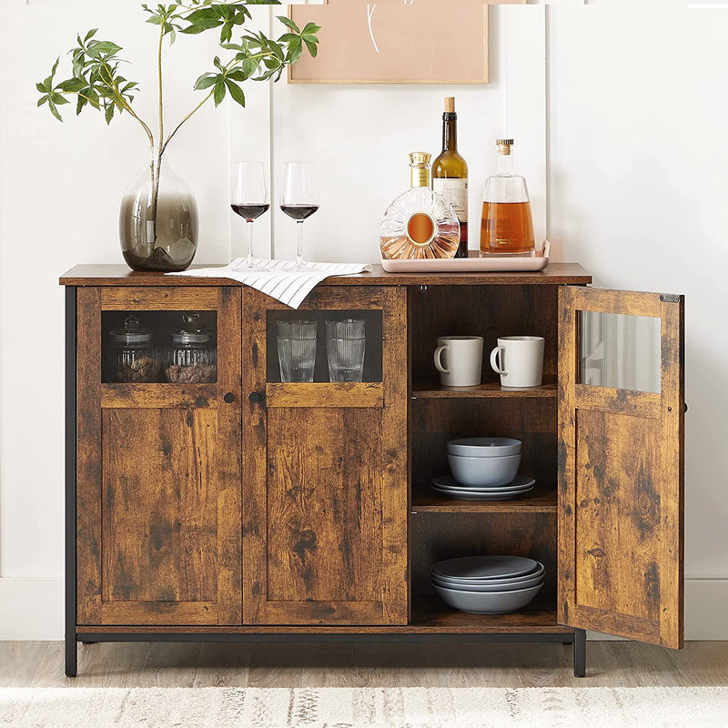 Sideboard, keukenkast, opbergkast, met glazen deuren, voor woonkamer, keuken, eetkamer, stalen frame, industriële stijl, vintage bruin-zwart LSC099B01