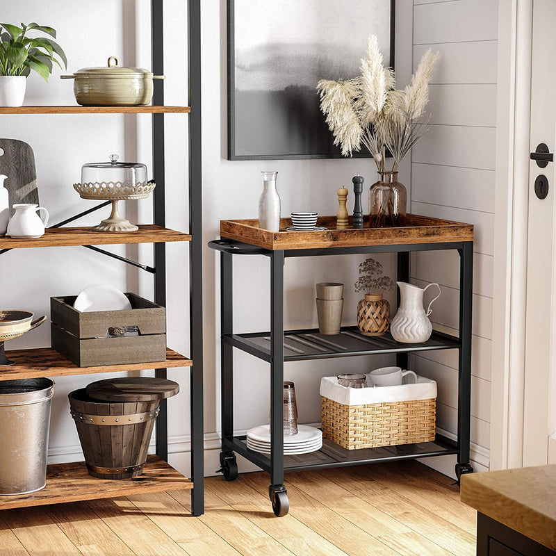 Serveerwagen, keukentrolley met universele wielen, keukenrek met verstelbare poten, stabiel metalen frame, 2 roosterniveaus, 60 x 40 x 75 cm, industrieel design, vintage, donkerbruin LRC75BX