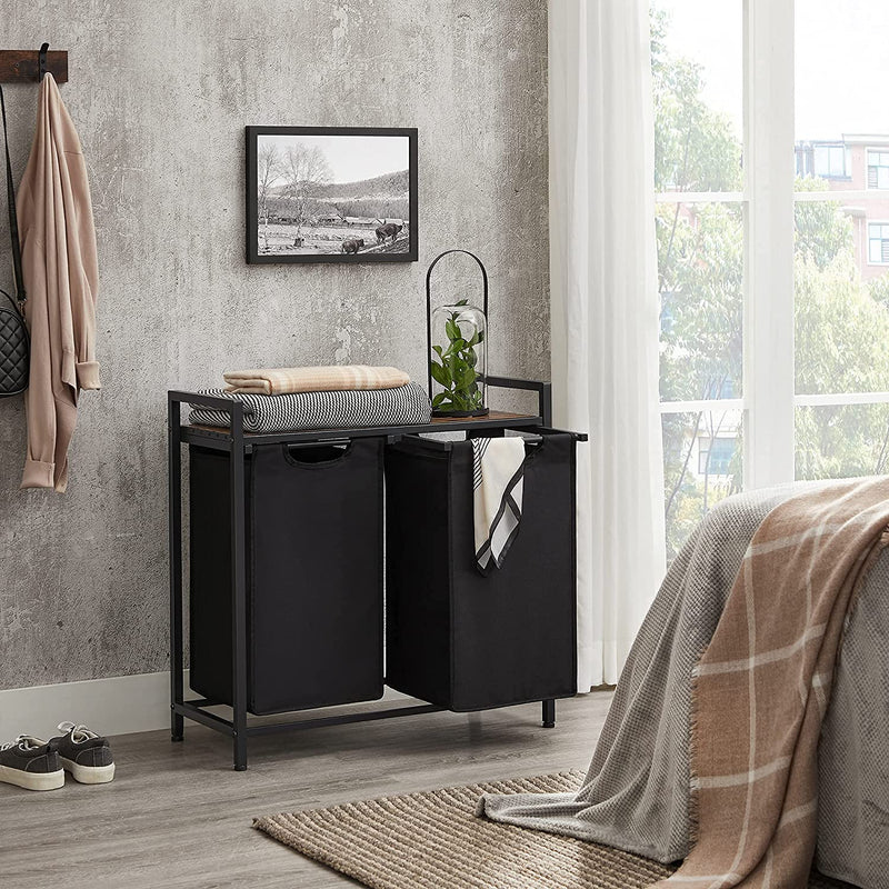 wasmand, wassorteerder met plank en uittrekbare zakken, wasorganizer, metalen frame, 2 Oxford-stoffen afneembare zakken, rustieke bruin en zwart