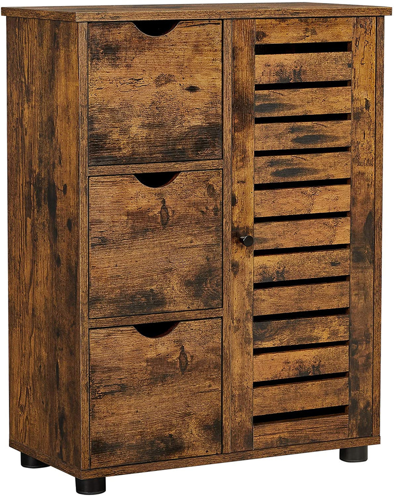 badkamerkast, dressoir, opbergkast, 3 laden, 2 verstelbare planken achter de deur, badkamermeubel, badkamer, woonkamer, keuken, gang, vintage bruin BBK143X01