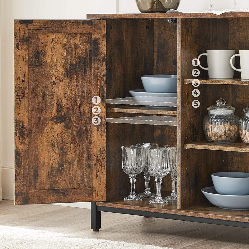 Sideboard, bijzetkast, keukenkast met open planken, gangkast, commode met deuren, woonkamer, eetkamer, hal, industrieel design, vintage bruin-zwart LSC098B01