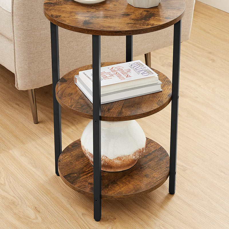 Bijzettafel, banktafel, rond, met 3 planken, gemaakt van staal, gemakkelijk te monteren, voor woonkamer, slaapkamer, industriële stijl, vintage bruin-zwart LET280B01