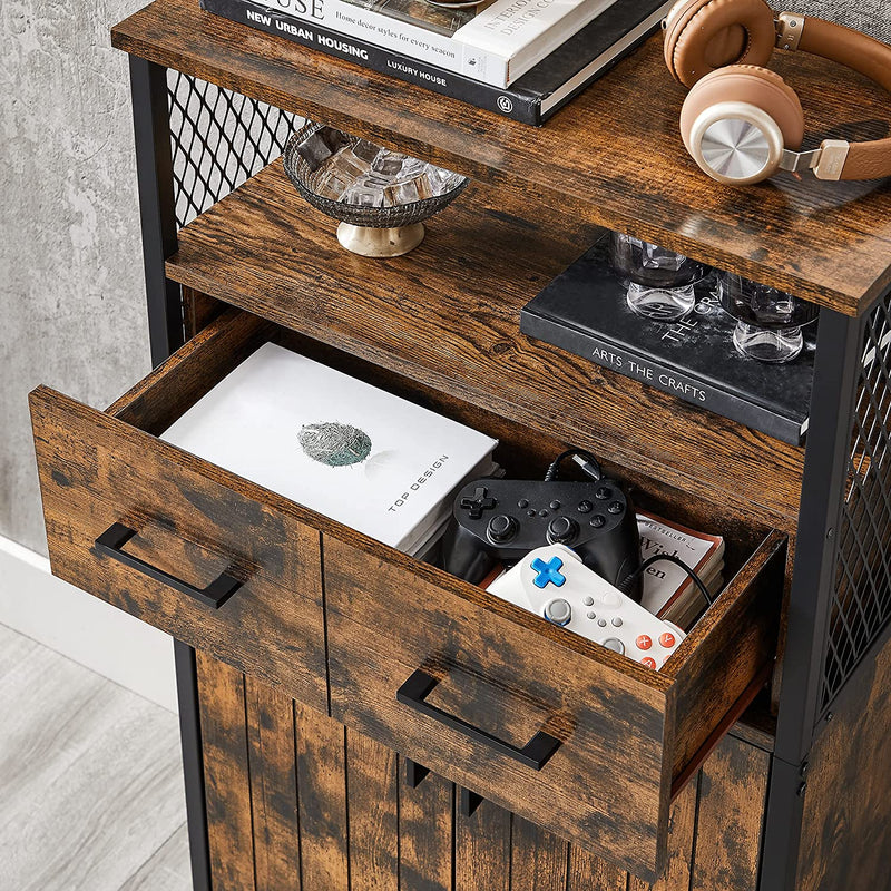 Badkamerkast, dressoir, opbergkast, verstelbare plank, stalen frame, voor woonkamer, keuken, industriële stijl, vintage bruin-zwart LSC261B01