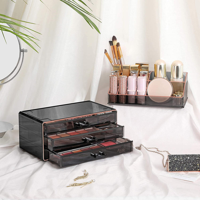 Make-up Organiser, 2-delige set Make-up Box, Cosmetische Organizer met 3 laden en 15 verschillende vakken, voor lippenstiften, borstels, zwart transparant en roségoud JKA002B01