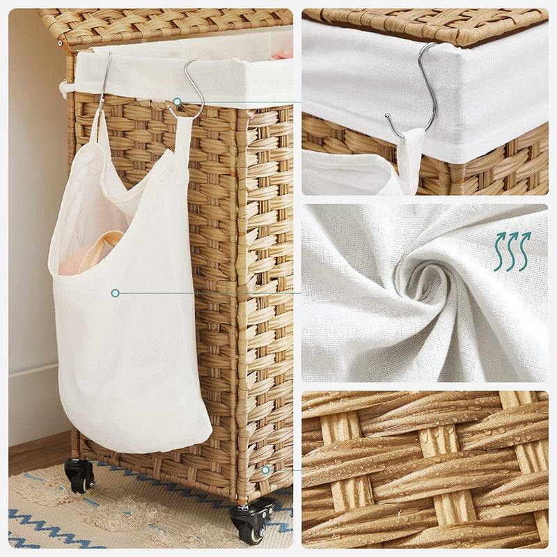 Wasmand, handgeweven, wasverzamelaar, 140 L, gemaakt van polyrattan, met 3 compartimenten, uitneembare zak, deksel, handvaten, voor woonkamer, badkamer, 66 x 33 x 60 cm, kleur naturel LCB363N01